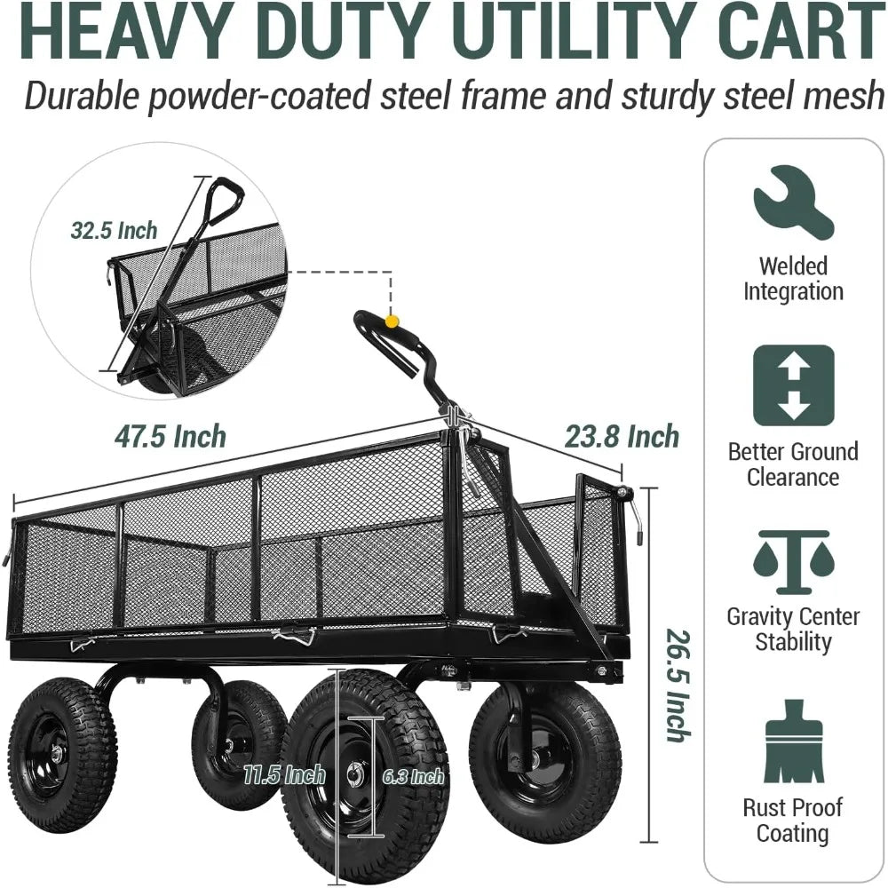 Heavy Duty 1100 Lbs Capacity Steel Garden Cart With 11.5 In Tire Utility Cart