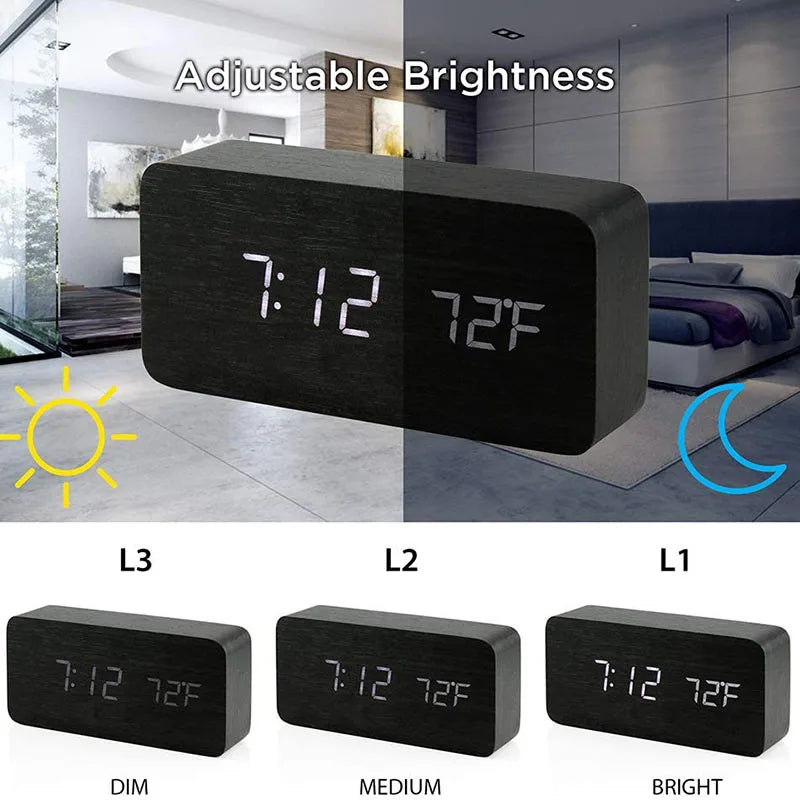 Wooden Digital Alarm Clock - LED Alarm Desk Clock