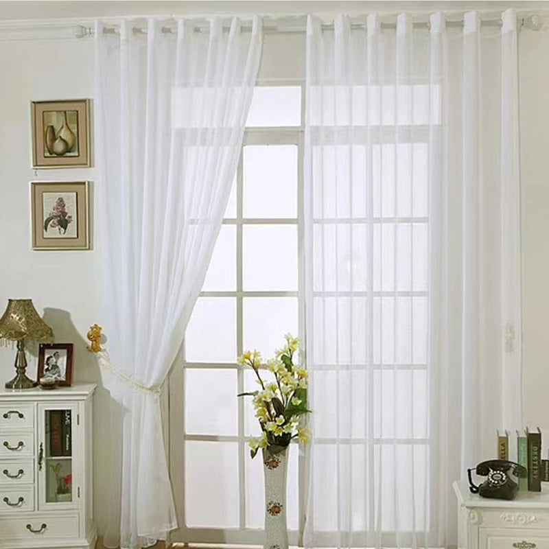 Asazal White Tulle Sheer Bay Window Gauze Curtains