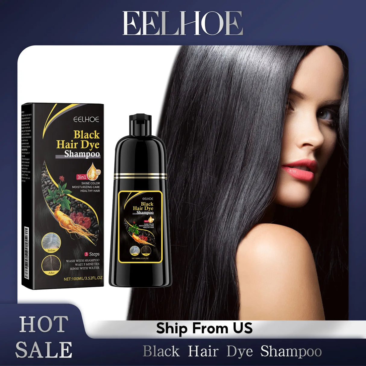 EELHOE Natural Plant Hair Dye Shampoo - 3 in 1 Hair Color Shampoo 100ml