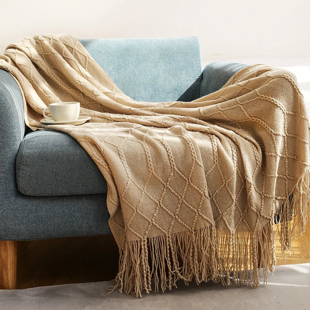 Nordic Textured Knitted Blankets with Tassels