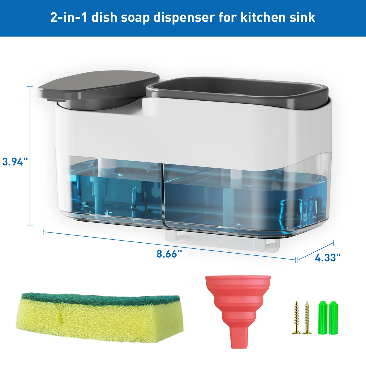 Kitchen Dish Soap Dispenser with Sponge Holder, 3-in-1 Countertop Pump Soap Dispenser