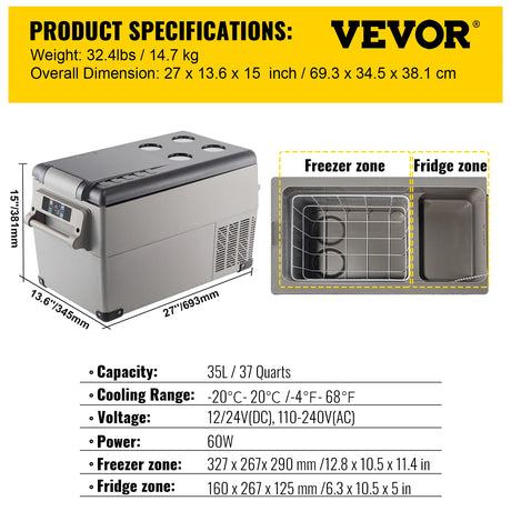 Vevor car refrigerator - Mini Fridge Freezer Portable Compressor Cooler